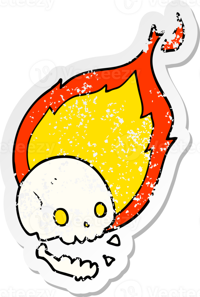 distressed sticker of a spooky cartoon flaming skull png