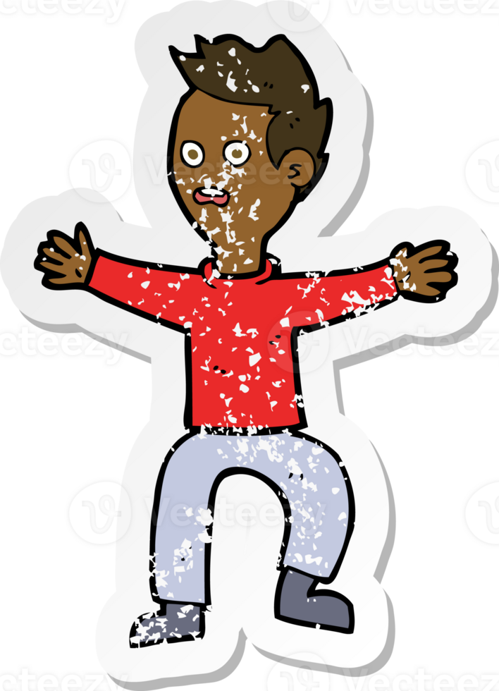 retro distressed sticker of a cartoon man panicking png
