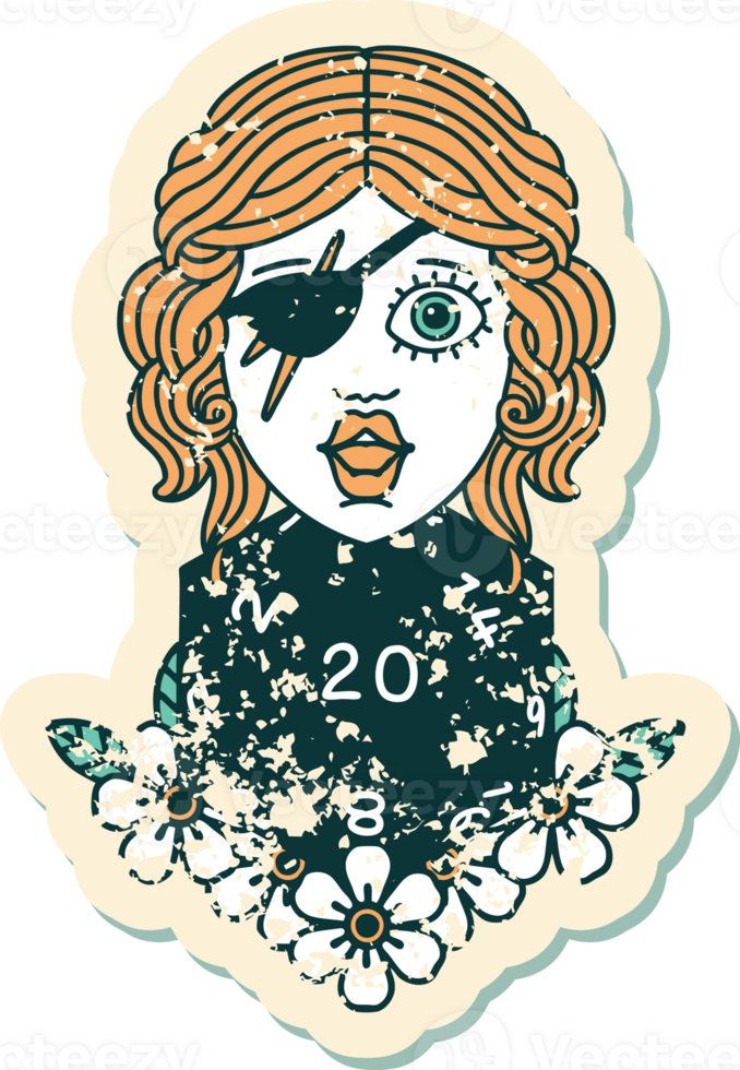grunge sticker of a human rogue with natural twenty dice roll png