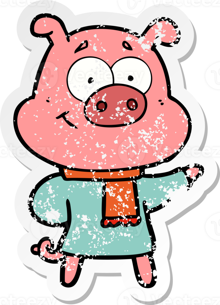 distressed sticker of a happy cartoon pig wearing warm clothes png