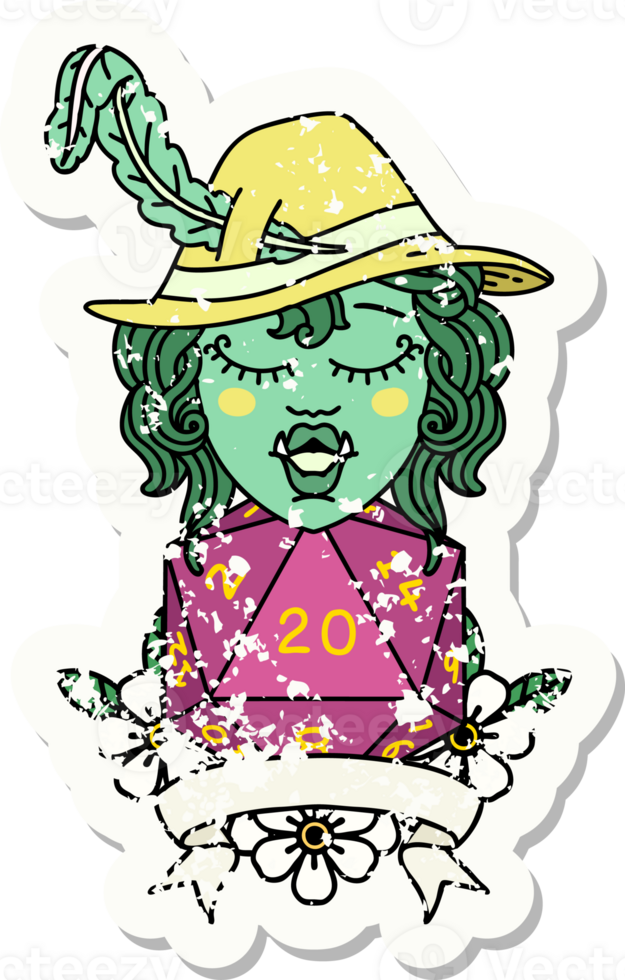Retro Tattoo Style half orc bard with natural 20 dice roll png