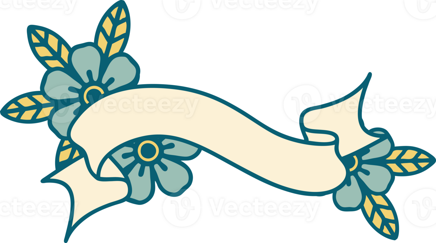 iconic tattoo style image of a banner and flowers png