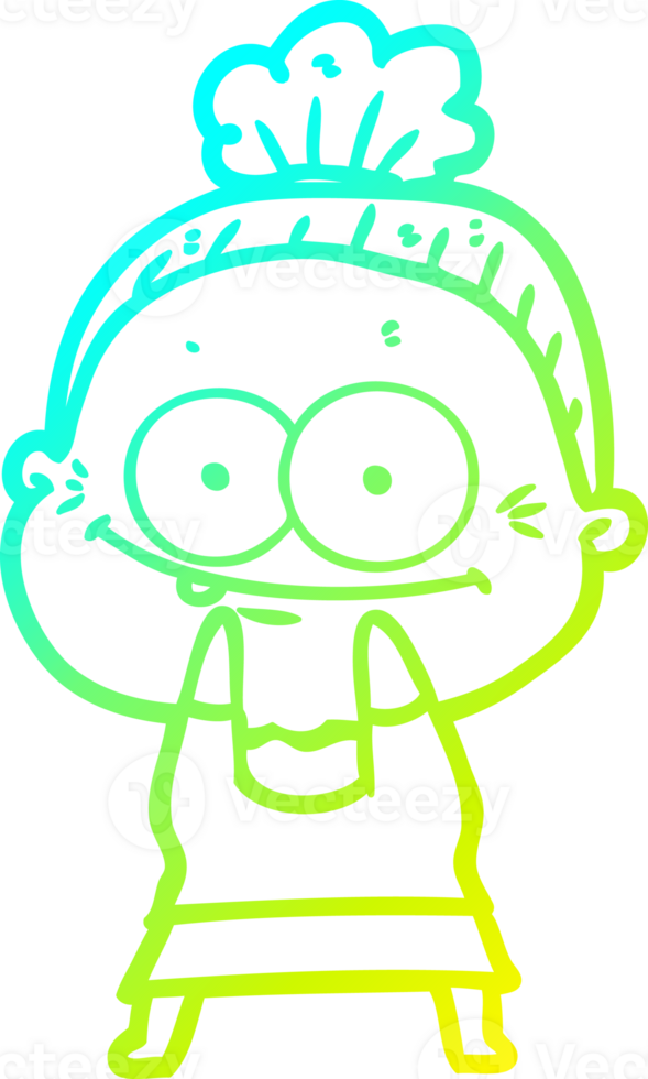 cold gradient line drawing of a cartoon happy old woman png