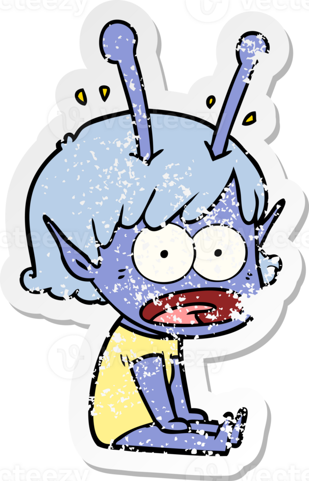 distressed sticker of a cartoon shocked alien girl png