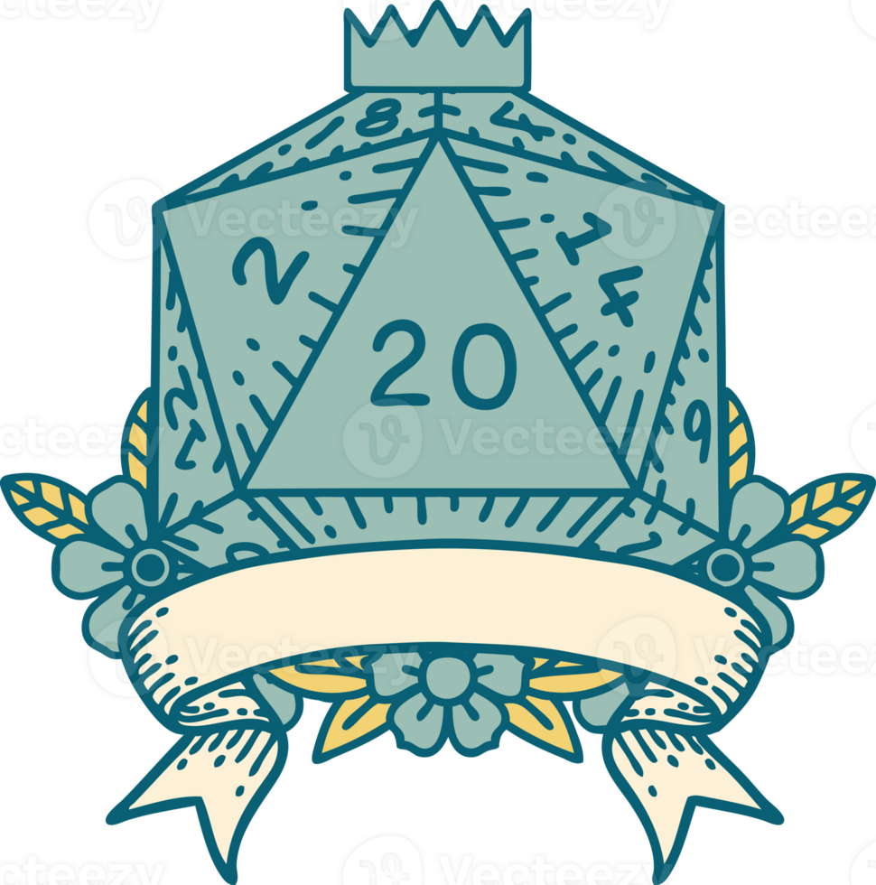 Retro Tattoo Style natural 20 critical hit D20 dice roll png