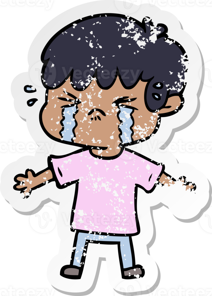 distressed sticker of a cartoon boy crying png