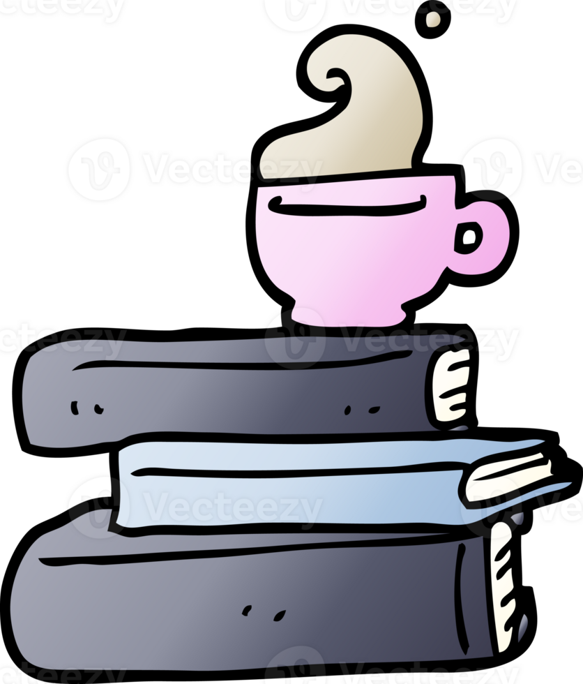 gradient illustration cartoon books and cup of coffee png