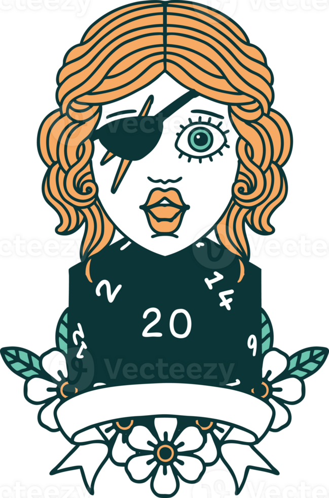 Retro Tattoo Style human rogue with natural 20 dice roll png