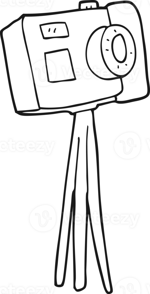 hand drawn black and white cartoon camera on tripod png