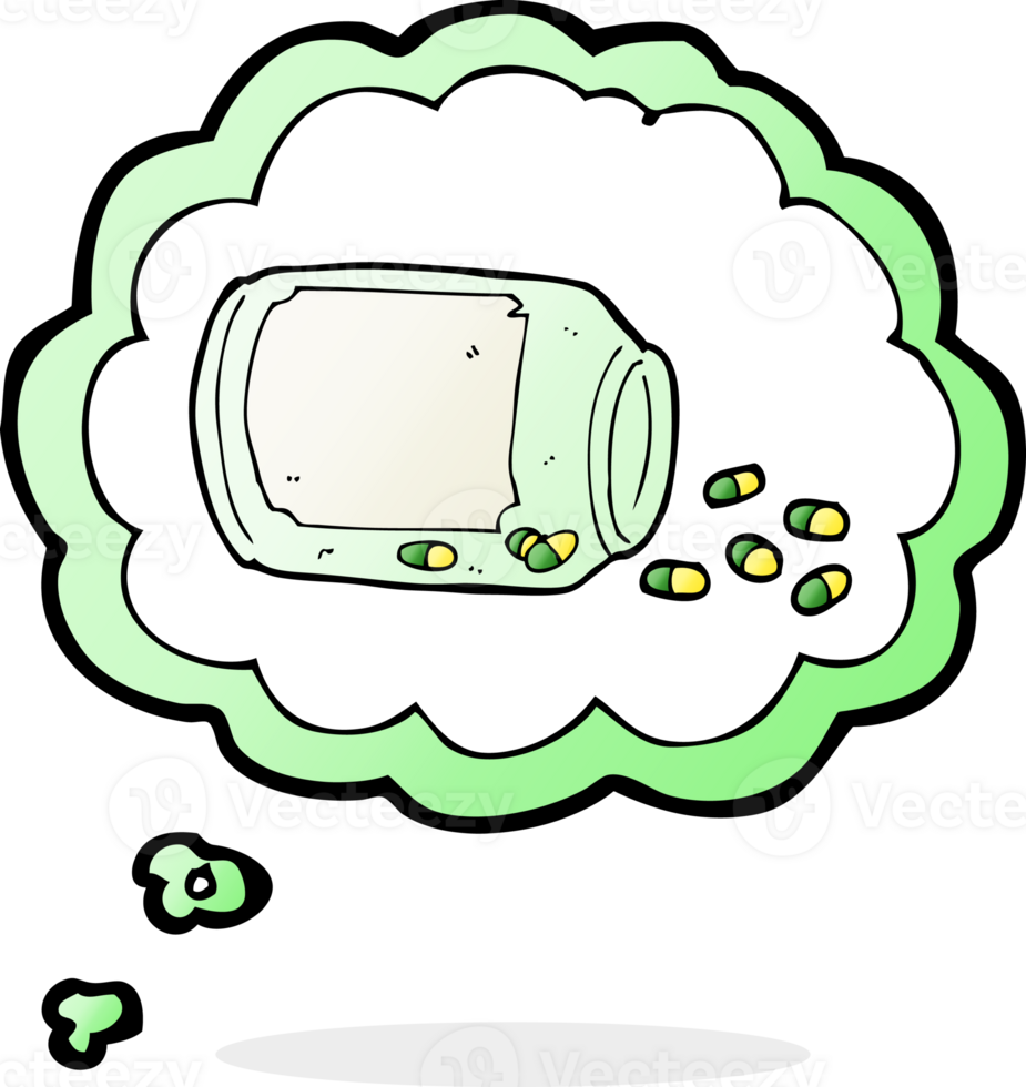 cartoon jar of pills with thought bubble png