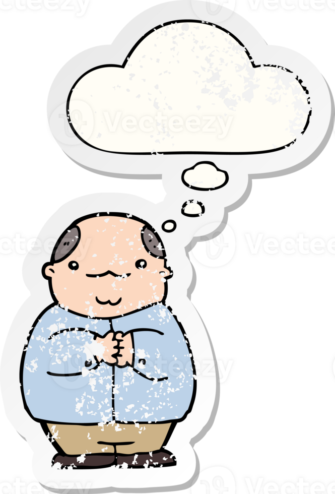 cartoon balding man with thought bubble as a distressed worn sticker png