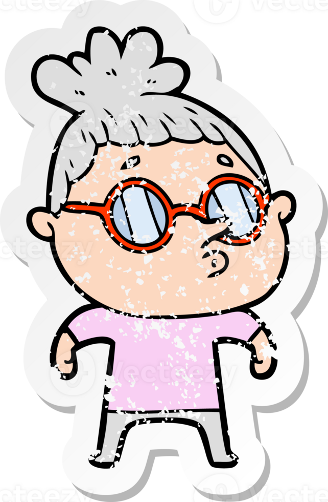 distressed sticker of a cartoon woman wearing glasses png