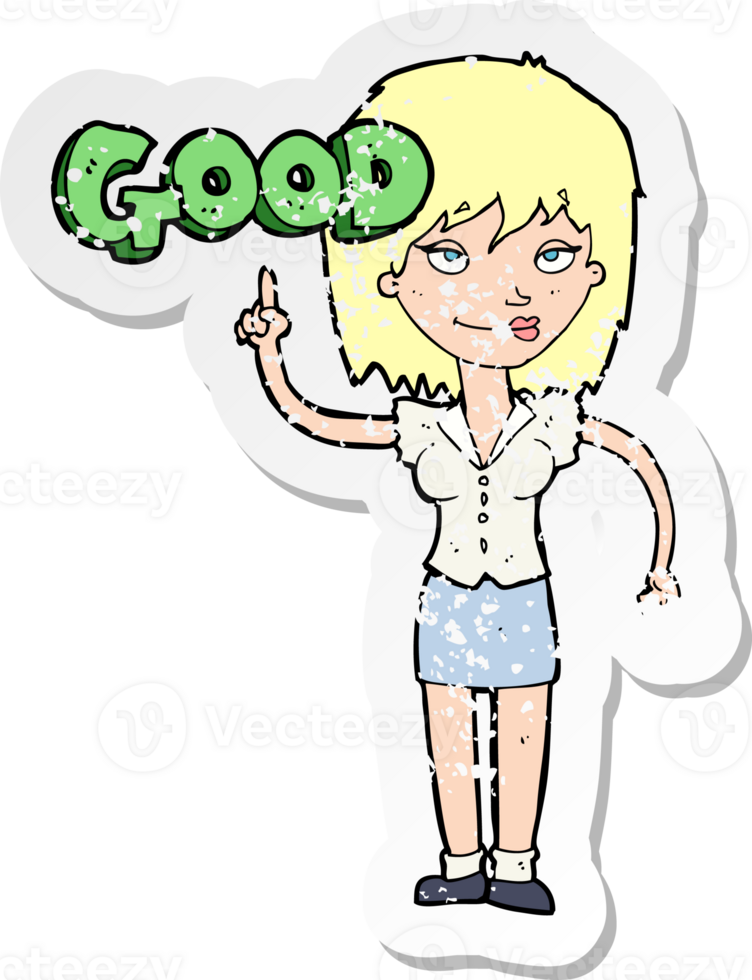 retro distressed sticker of a cartoon woman doing good png