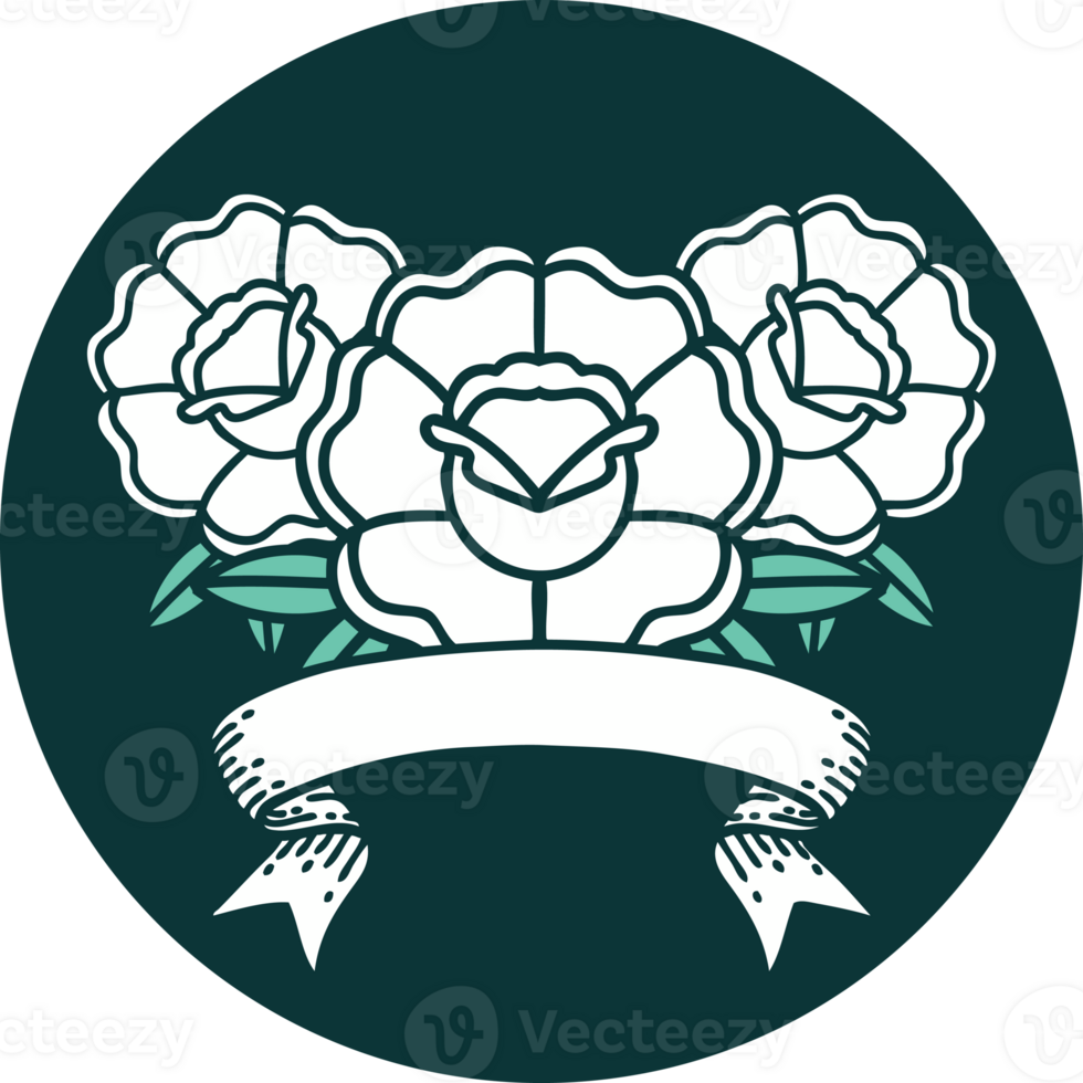 tattoo style icon with banner of a bouquet of flowers png