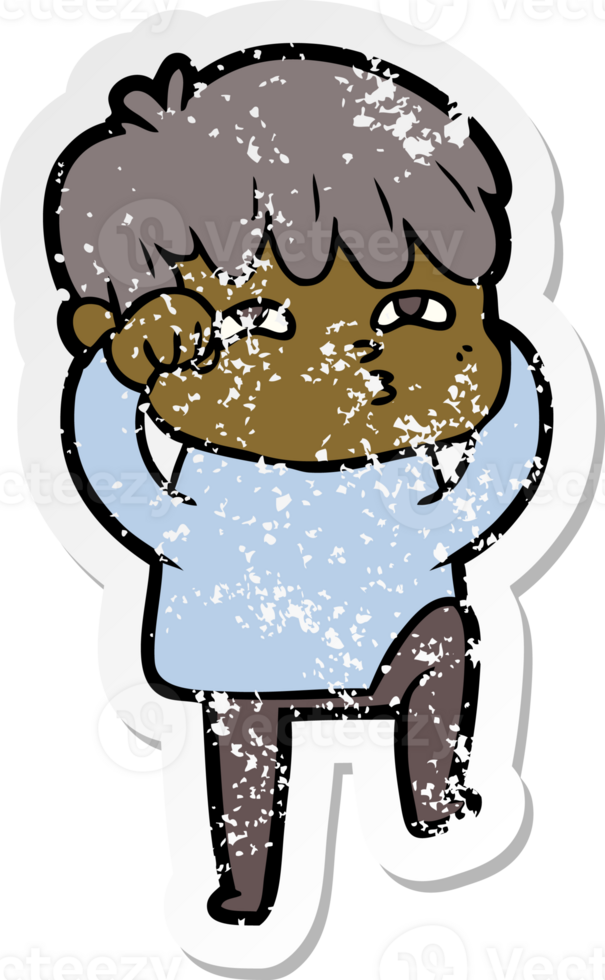 distressed sticker of a cartoon curious man png