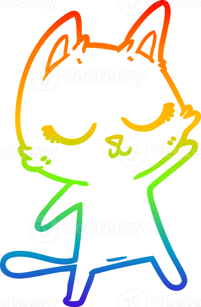 rainbow gradient line drawing of a calm cartoon cat waving png