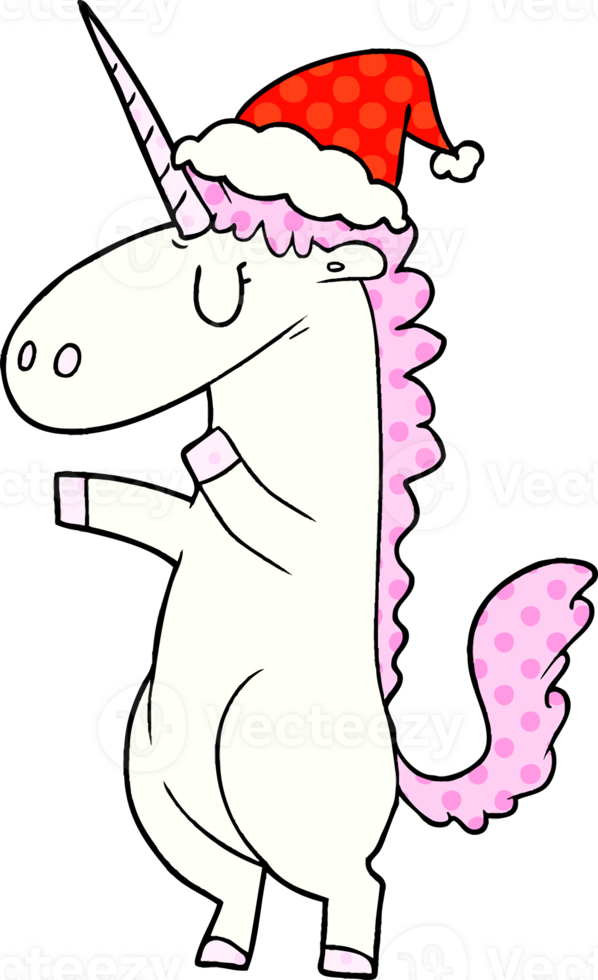 hand drawn comic book style illustration of a unicorn wearing santa hat png
