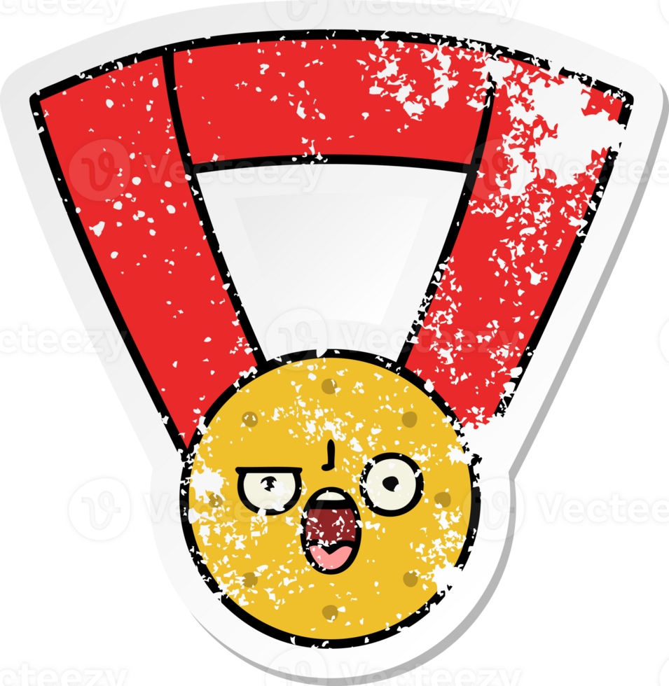 distressed sticker of a cute cartoon gold medal png