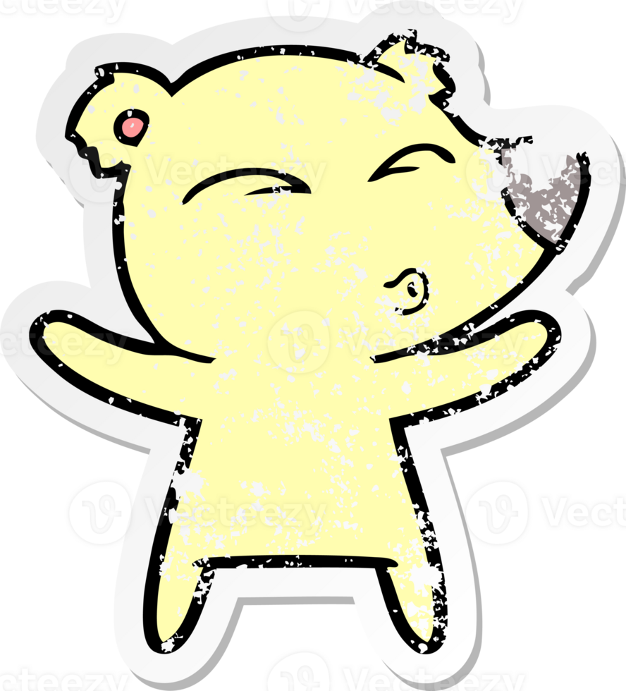 distressed sticker of a cartoon whistling bear with open arms png