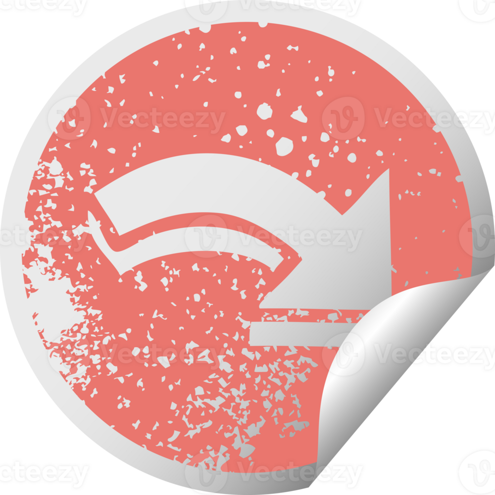 distressed circular peeling sticker symbol of a pointing arrow png