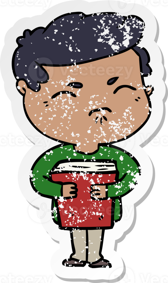 distressed sticker of a cartoon annoyed man with book png