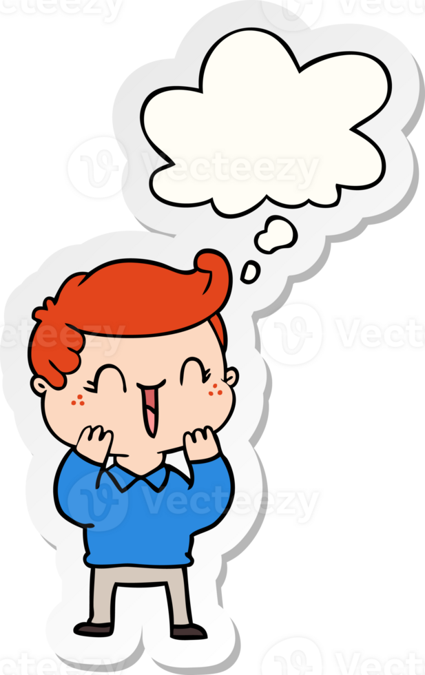 cartoon laughing boy with thought bubble as a printed sticker png