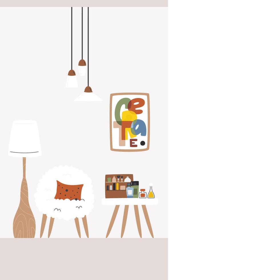Bedroom part mid-century interior design. Square banner with indoor scene and copy space on the right. Apartment including cosmetics table, chair, lamp. Make up hand drawn flat illustration vector