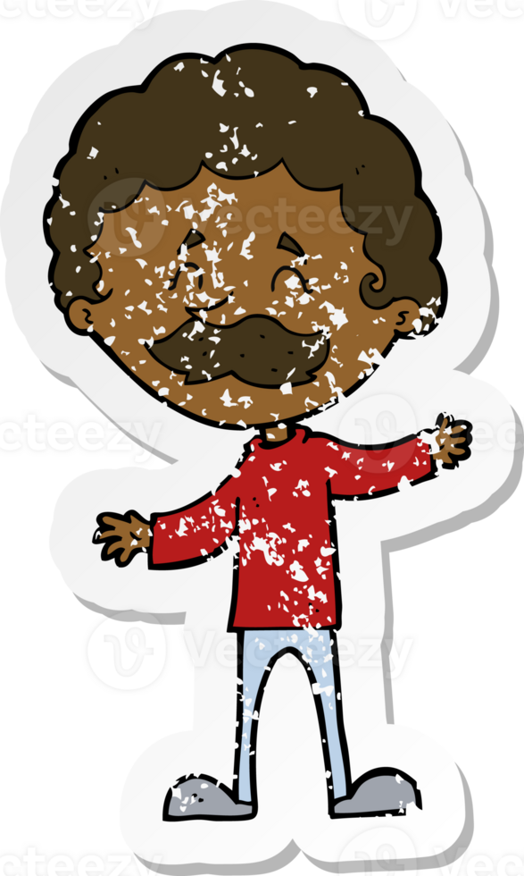 retro distressed sticker of a cartoon happy man with mustache png