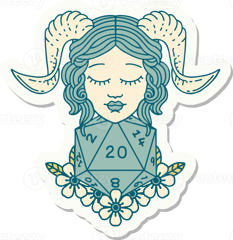 sticker of a tiefling with natural 20 D20 dice roll png