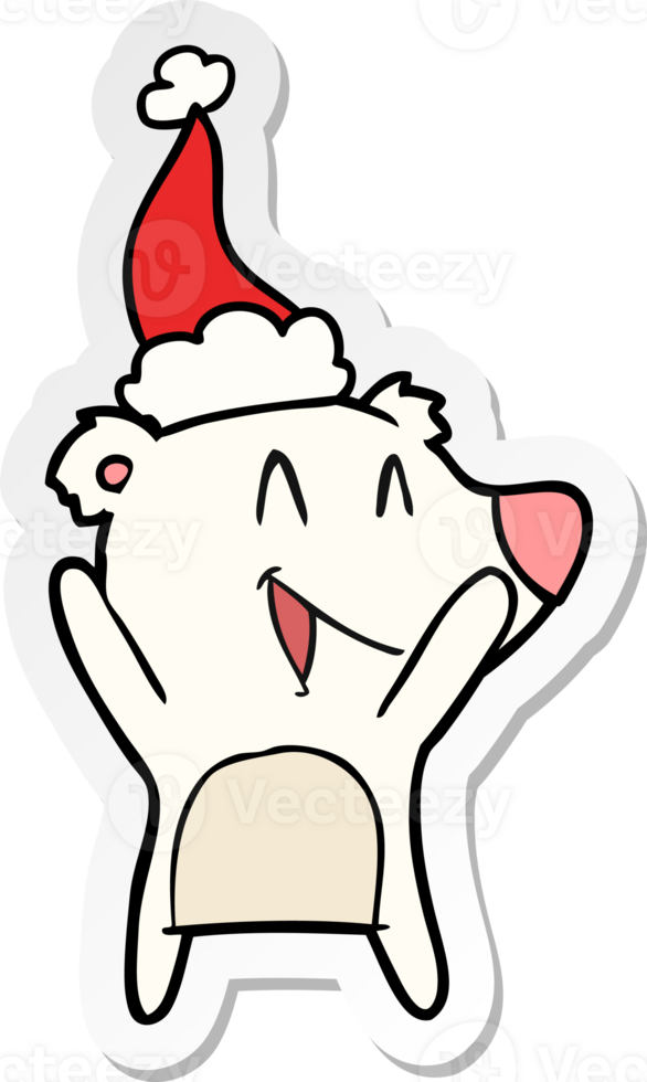 laughing polar bear hand drawn sticker cartoon of a wearing santa hat png