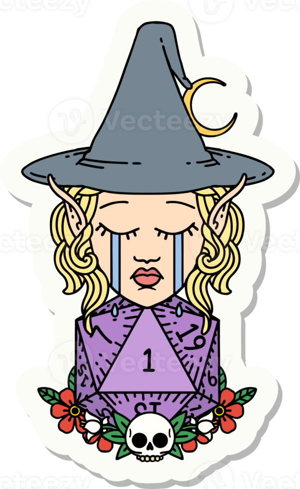 sticker of a crying elf witch with natural one D20 roll png