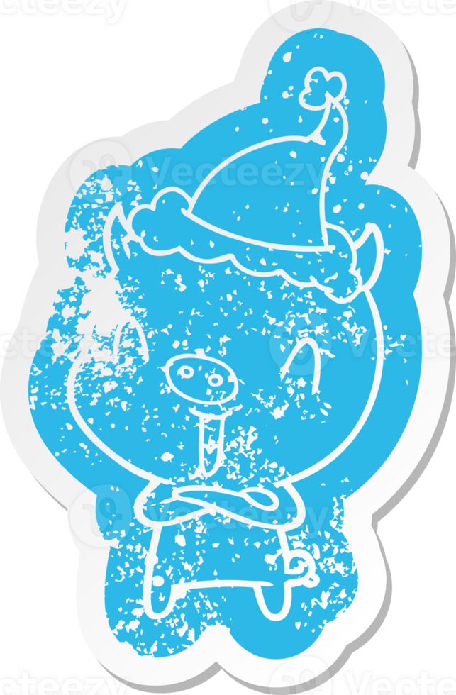 happy quirky cartoon distressed sticker of a pig wearing santa hat png
