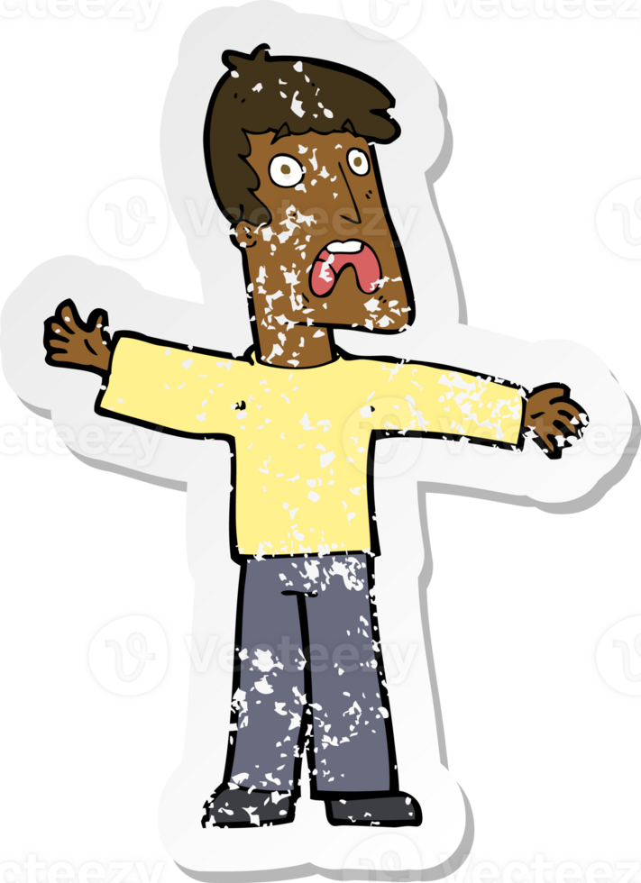 retro distressed sticker of a cartoon frightened man png