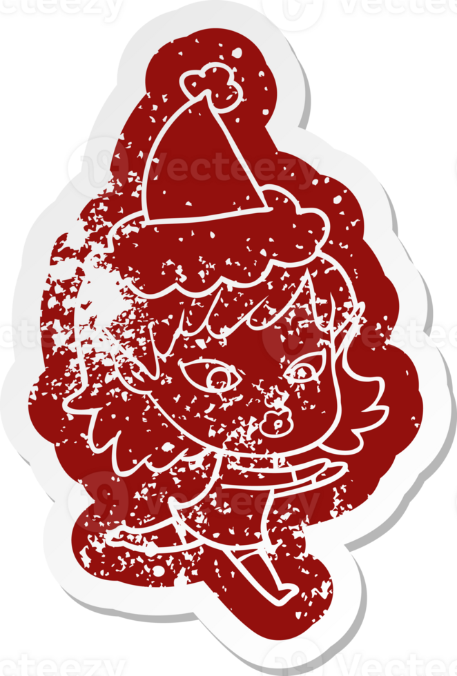 pretty quirky cartoon distressed sticker of a elf girl wearing santa hat png