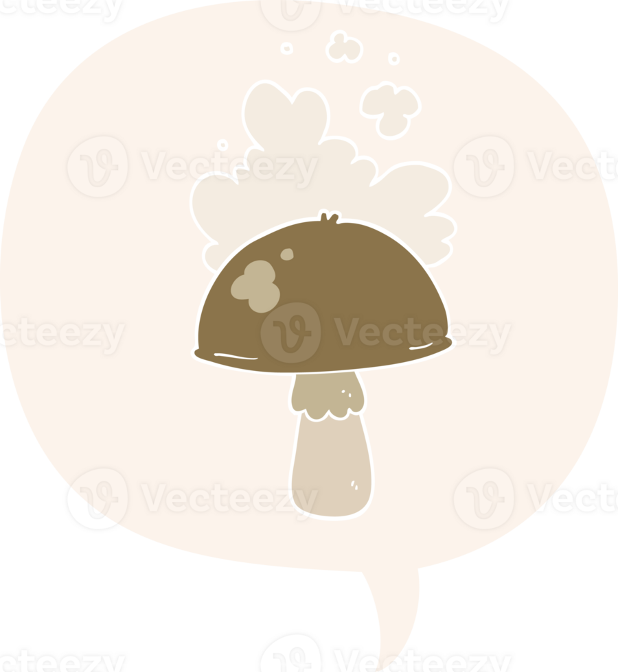 cartoon mushroom with spore cloud with speech bubble in retro style png