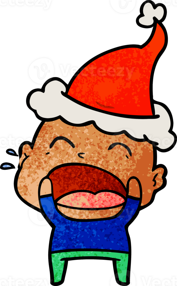 hand drawn textured cartoon of a shouting bald man wearing santa hat png