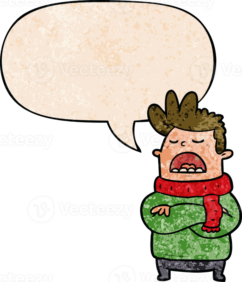 cartoon obnoxious man in winter clothes with speech bubble in retro texture style png