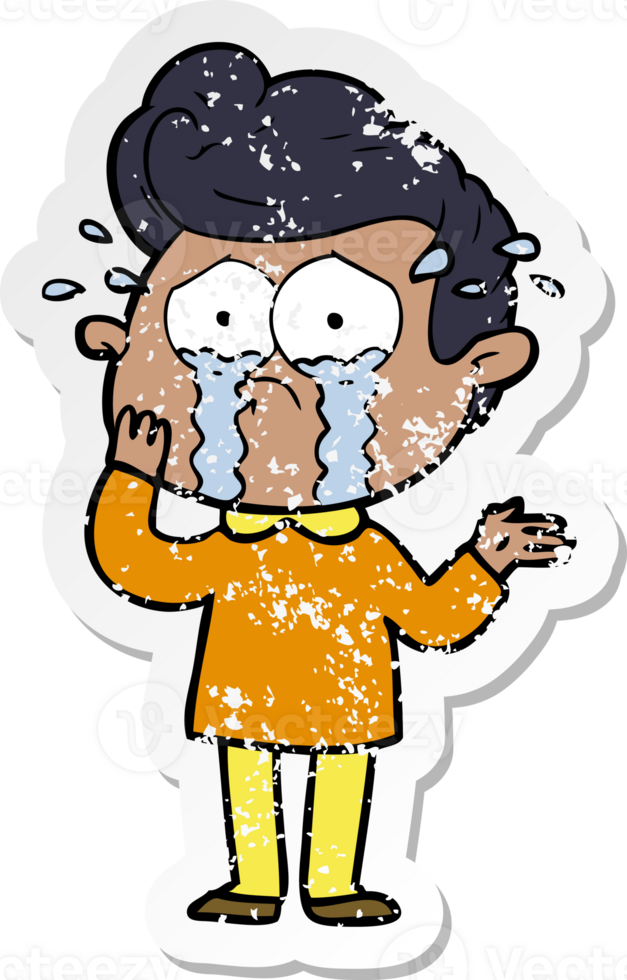distressed sticker of a cartoon worried crying man png