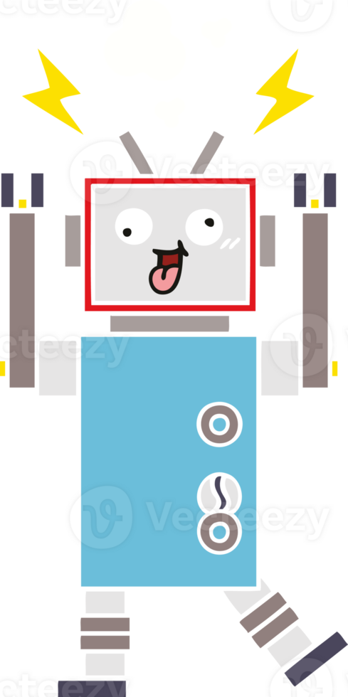 flat color retro cartoon of a crazy broken robot png