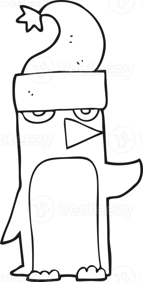 hand drawn black and white cartoon penguin in christmas hat png