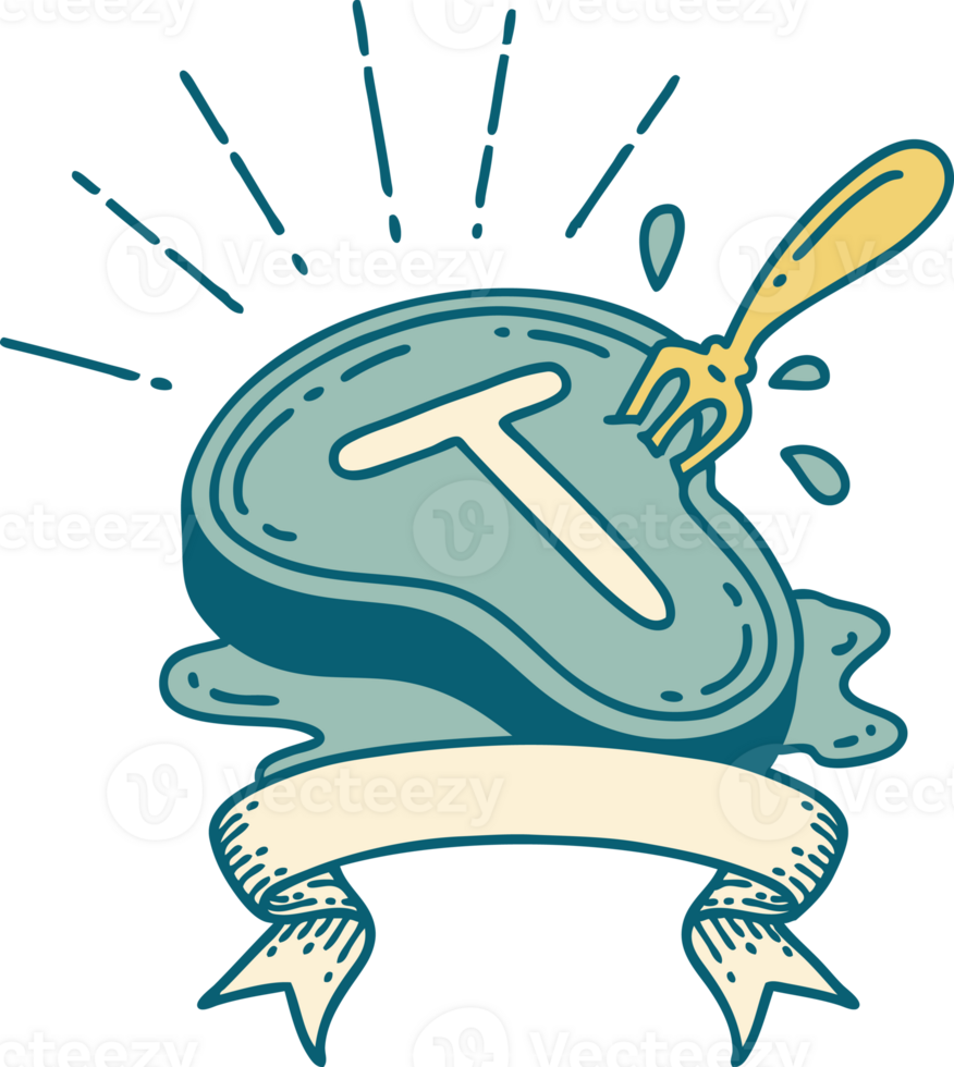 scroll banner with tattoo style steak and fork png