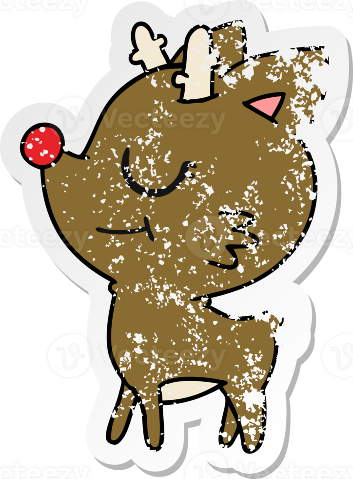 hand drawn distressed sticker cartoon of cute red nosed reindeer png