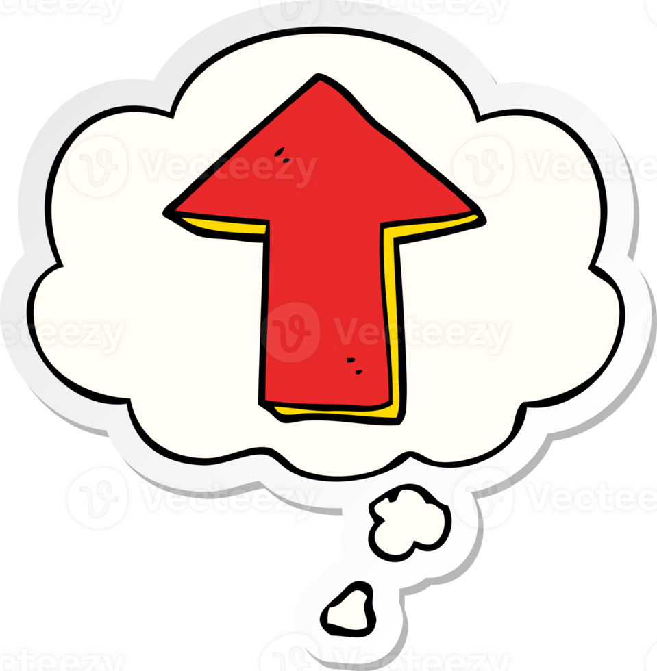 cartoon pointing arrow with thought bubble as a printed sticker png