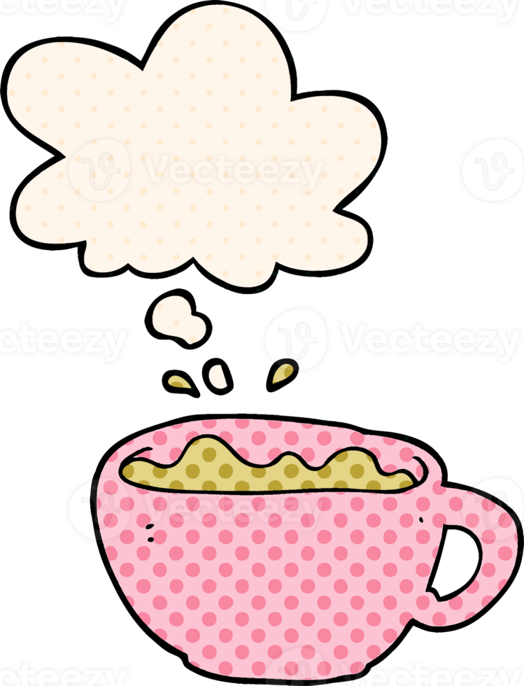 cartoon coffee cup with thought bubble in comic book style png