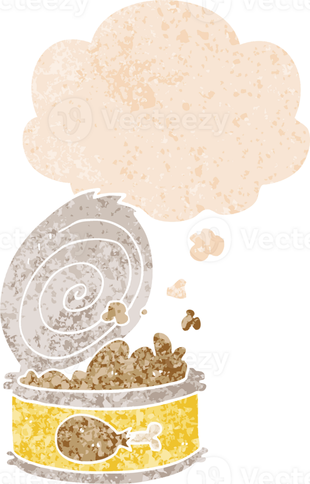 cartoon canned food with thought bubble in grunge distressed retro textured style png