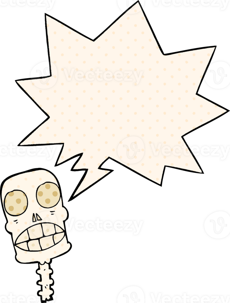 cartoon spooky skull with speech bubble in comic book style png