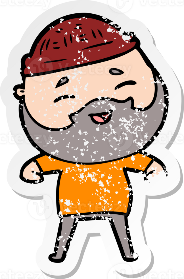 distressed sticker of a cartoon happy bearded man png