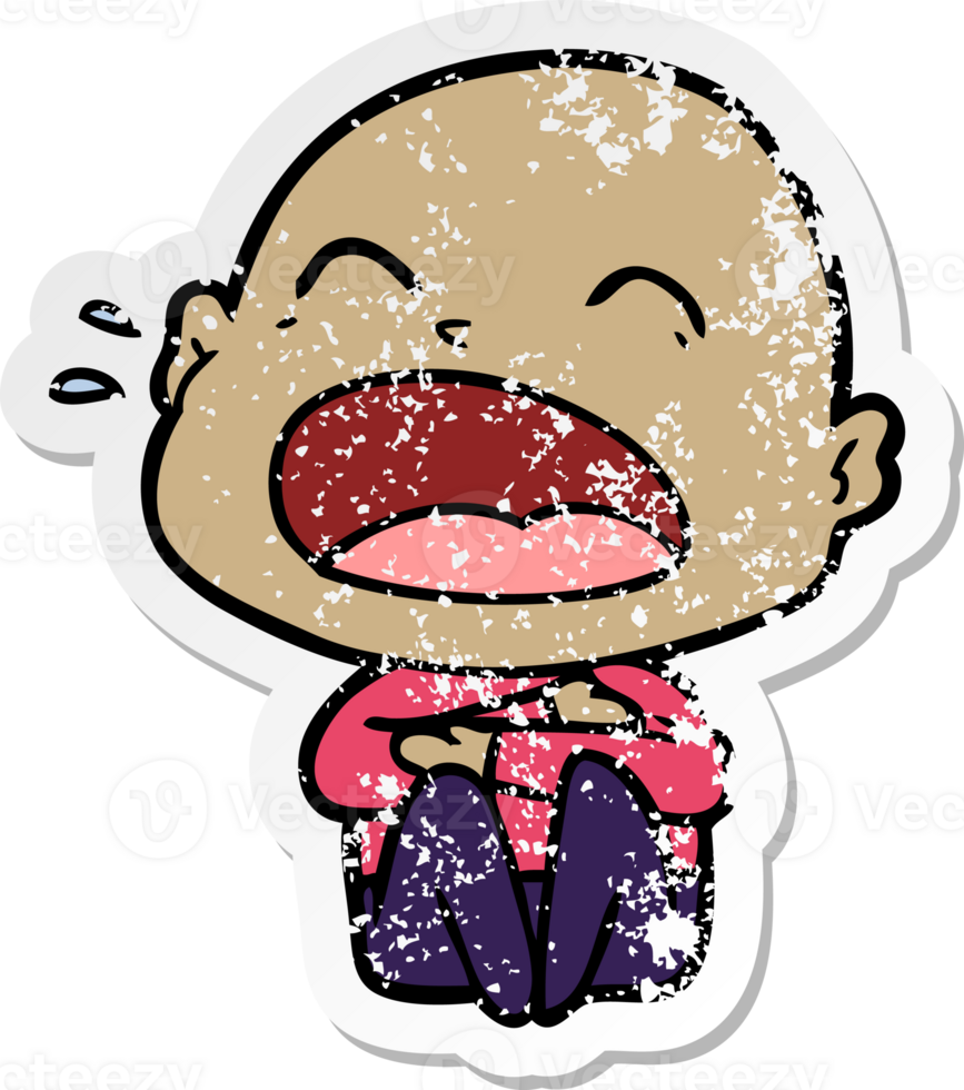 distressed sticker of a cartoon shouting bald man png