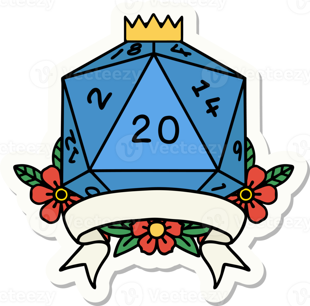 sticker of a natural 20 critical hit D20 dice roll png
