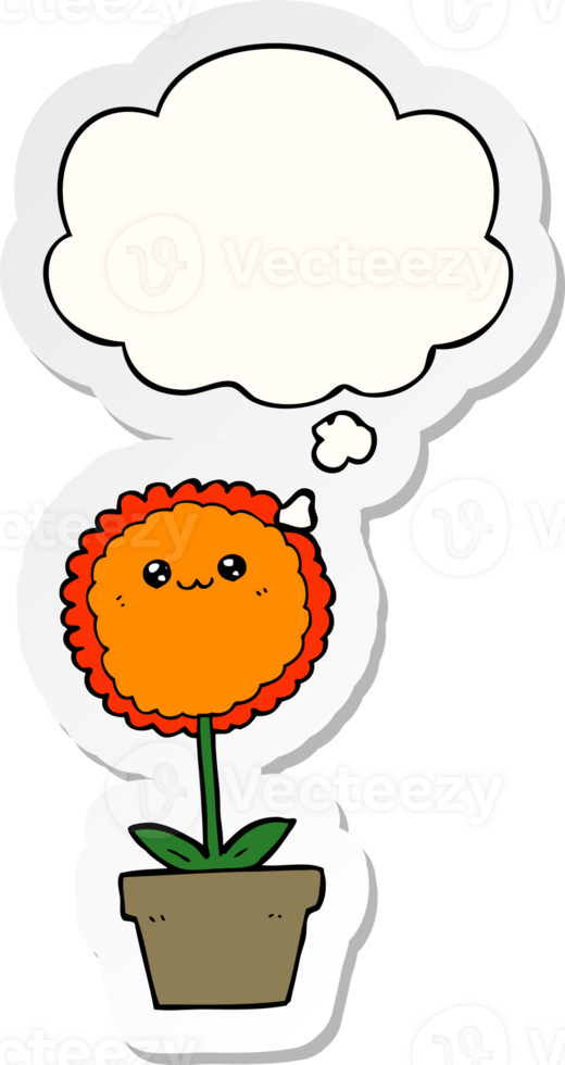cartoon flower with thought bubble as a printed sticker png